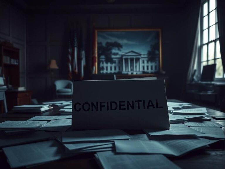 Flick International Dimly lit office setting with a large wooden desk and confidential documents