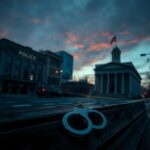 Flick International A somber cityscape at dusk featuring a police station and courthouse