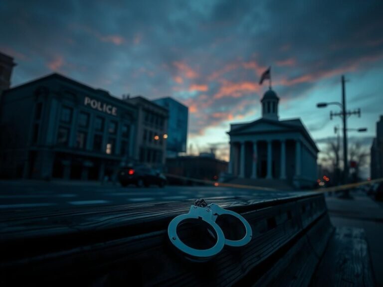 Flick International A somber cityscape at dusk featuring a police station and courthouse