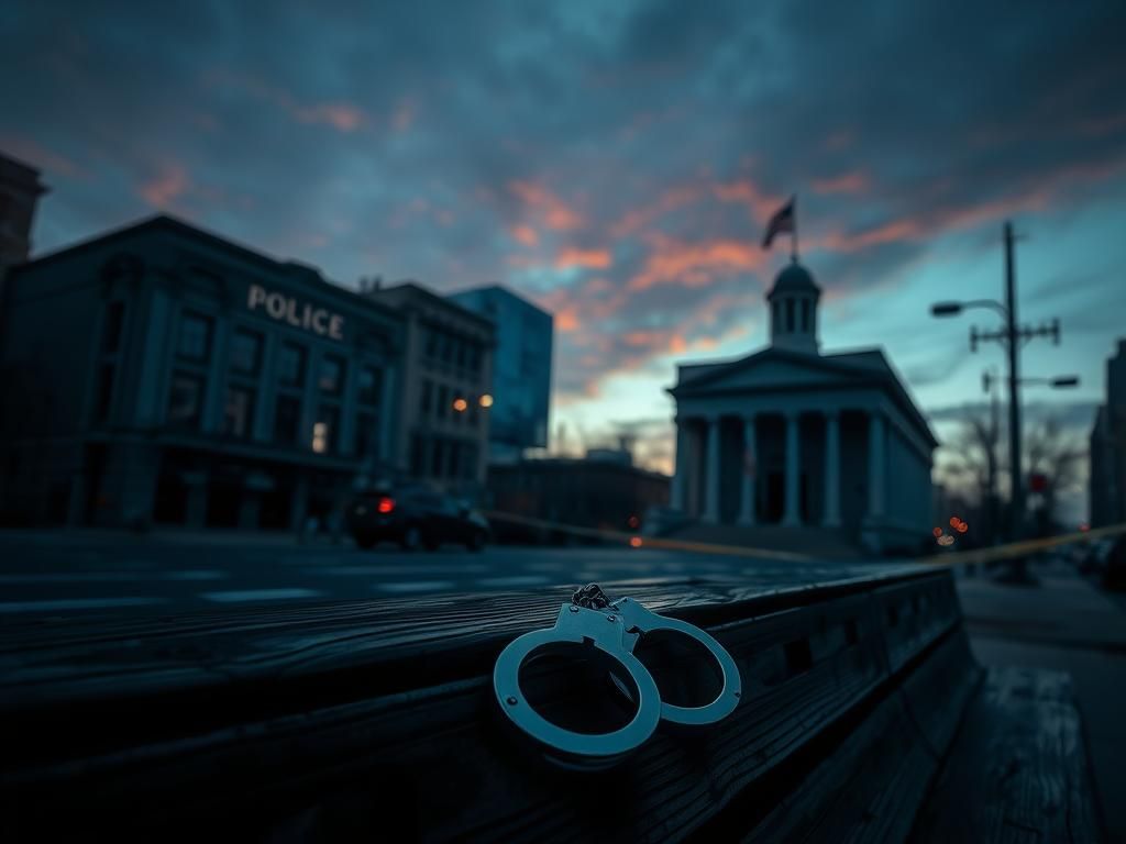 Flick International A somber cityscape at dusk featuring a police station and courthouse