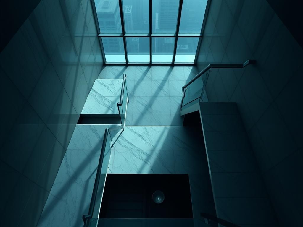 Flick International Dramatic high-angle view of a modern luxury high-rise stairwell