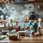 Flick International Close-up view of various common household products with visible chemical labels on a wooden kitchen table