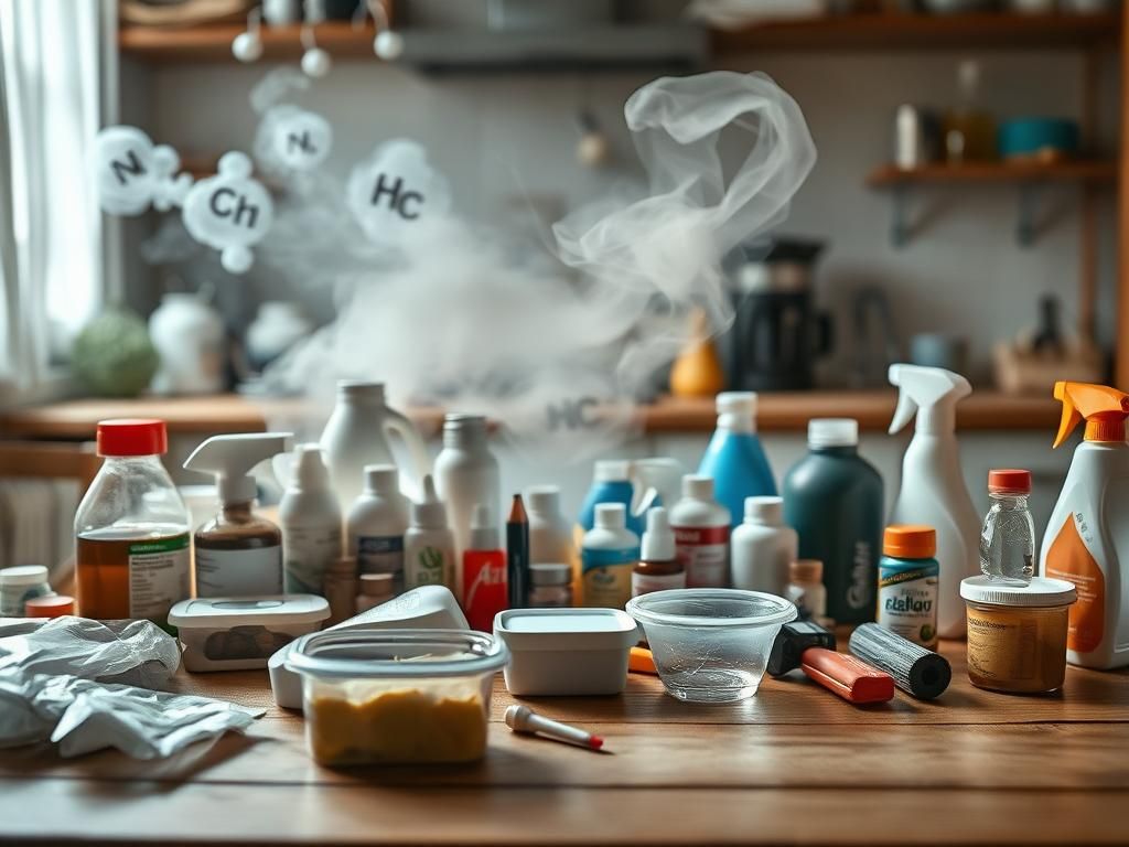 Flick International Close-up view of various common household products with visible chemical labels on a wooden kitchen table