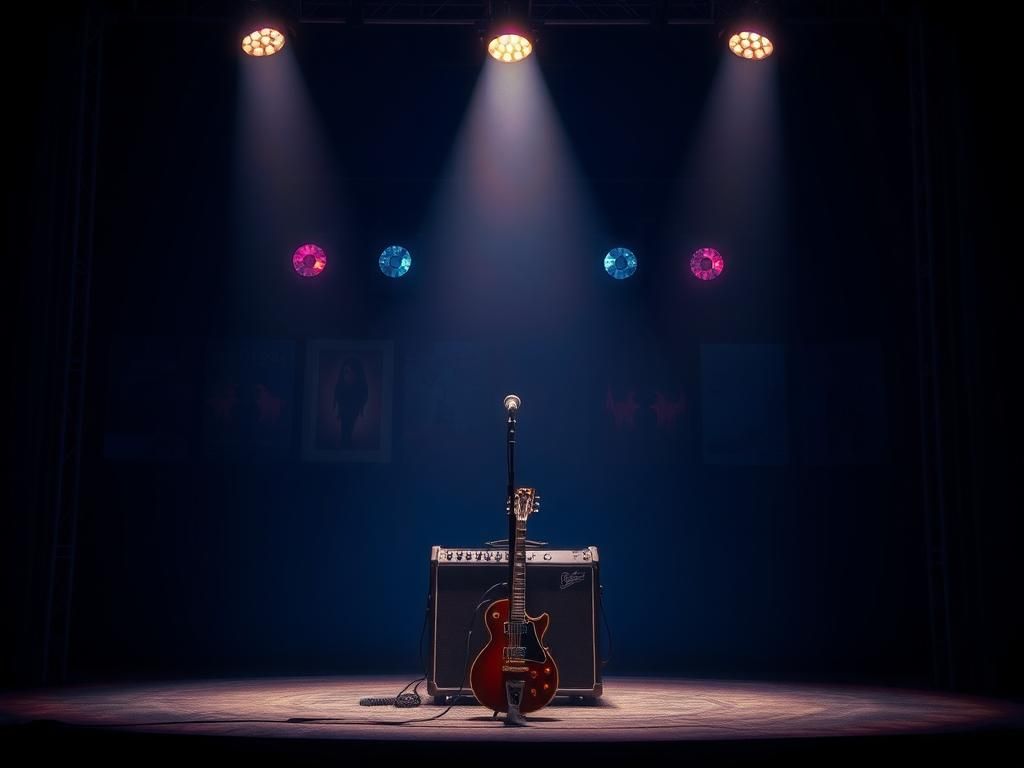 Flick International Stage set with microphone and vintage guitar, hinting at a memorable Foreigner performance
