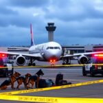 Flick International Police vehicles surround a grounded Hawaiian Airlines aircraft at San Diego International Airport during a bomb threat investigation