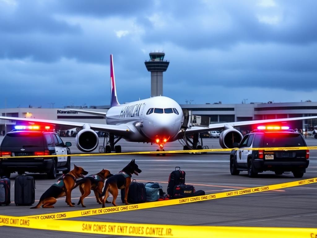 Flick International Police vehicles surround a grounded Hawaiian Airlines aircraft at San Diego International Airport during a bomb threat investigation