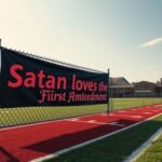 Flick International A school football field in Florida with a vibrant banner reading 'Satan loves the First Amendment' against a blue sky backdrop.