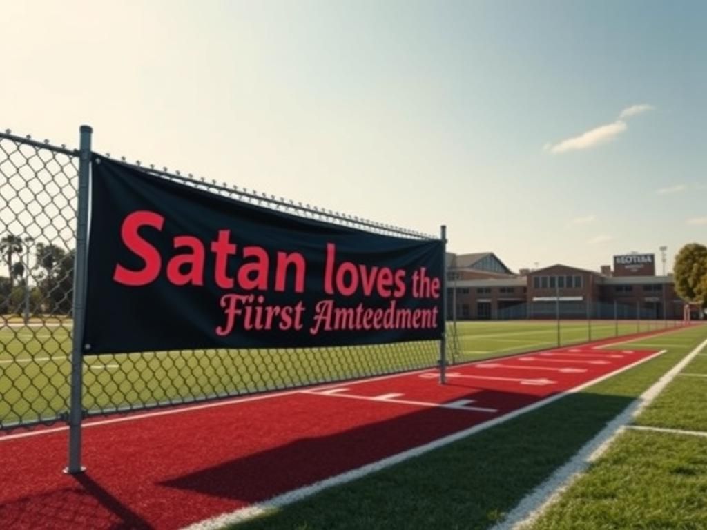 Flick International A school football field in Florida with a vibrant banner reading 'Satan loves the First Amendment' against a blue sky backdrop.