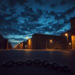 Flick International View of the Orleans Parish Correctional Facility at twilight with broken chains symbolizing jail escape