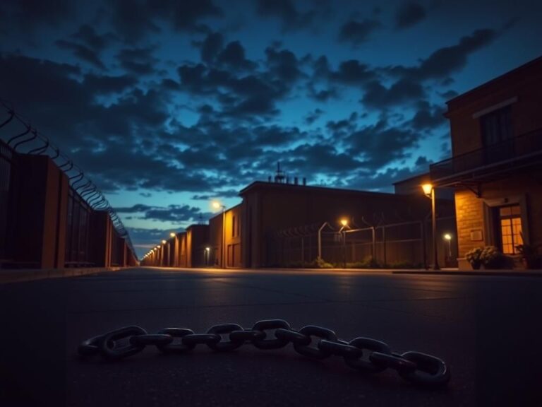 Flick International View of the Orleans Parish Correctional Facility at twilight with broken chains symbolizing jail escape