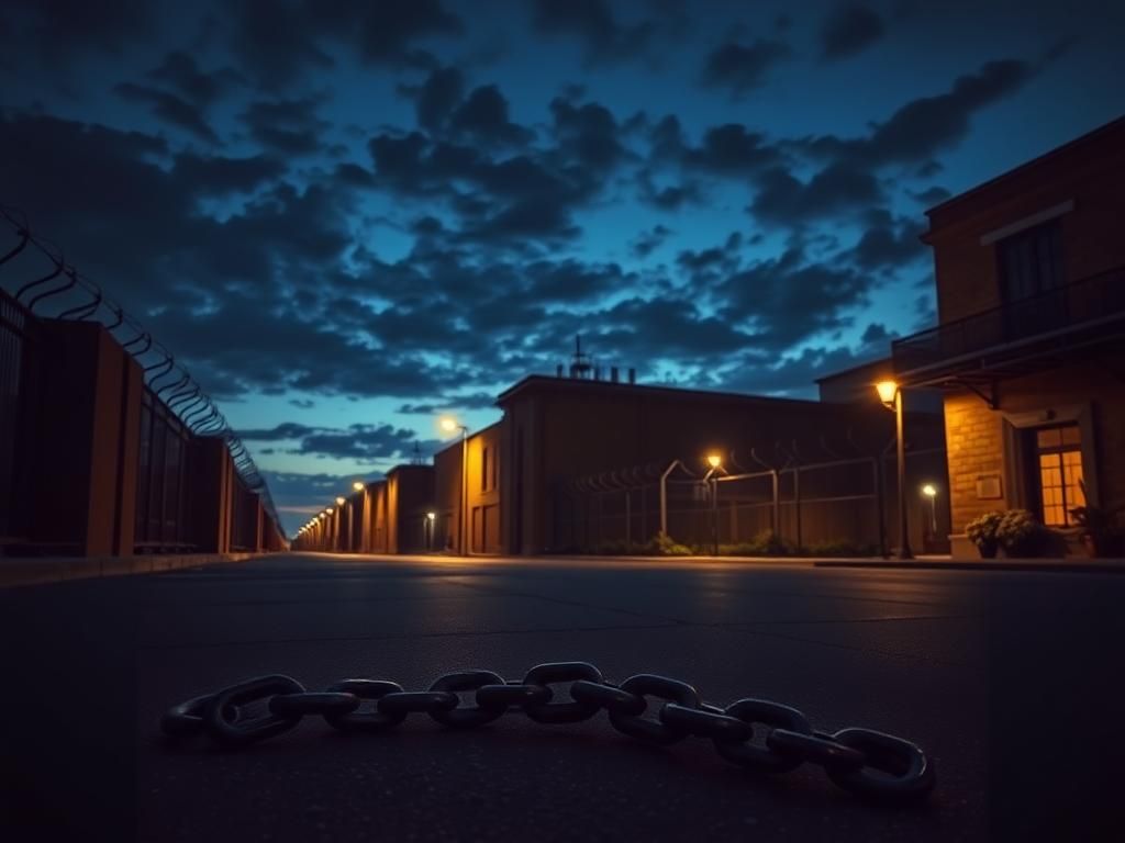 Flick International View of the Orleans Parish Correctional Facility at twilight with broken chains symbolizing jail escape