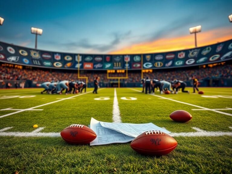 Flick International Close-up of a football field huddle formation without players, symbolizing strategic planning.