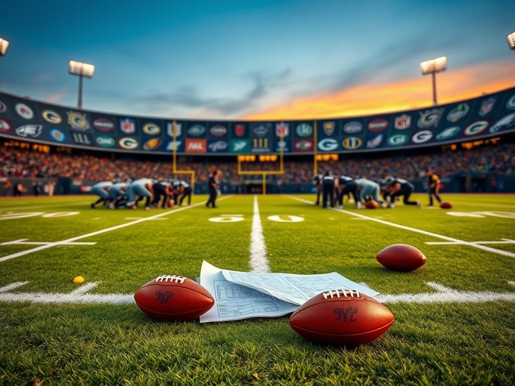 Flick International Close-up of a football field huddle formation without players, symbolizing strategic planning.