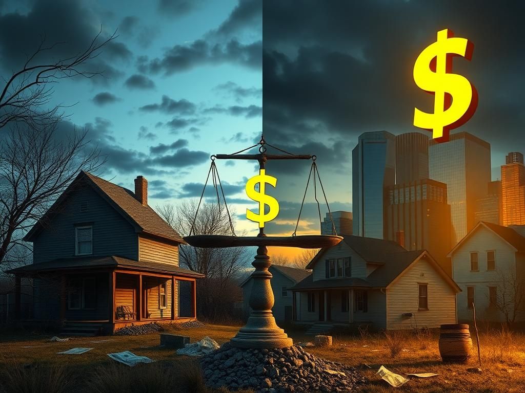 Flick International A divided landscape illustrating the struggle between working-class Americans and corporate wealth