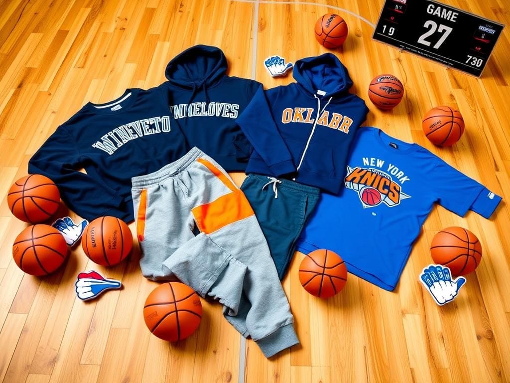 Flick International Collection of NBA team merchandise including Timberwolves sweatshirt, Thunder jogger sweatpants, Knicks hoodie, and Pacers t-shirt on a wooden surface