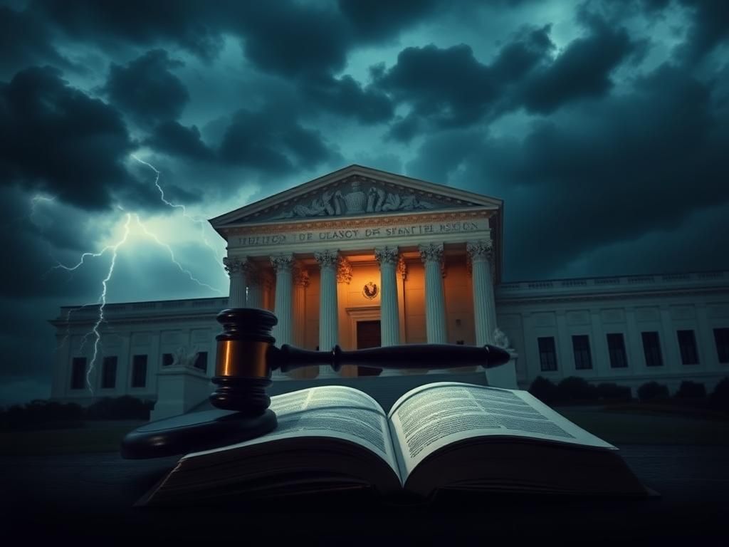 Flick International Dramatic view of a large building resembling the United Nations HQ under a stormy sky