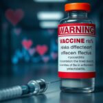 Flick International Close-up view of a medical warning sign about heart inflammation risks from COVID-19 vaccines with blurred vaccine vial in background