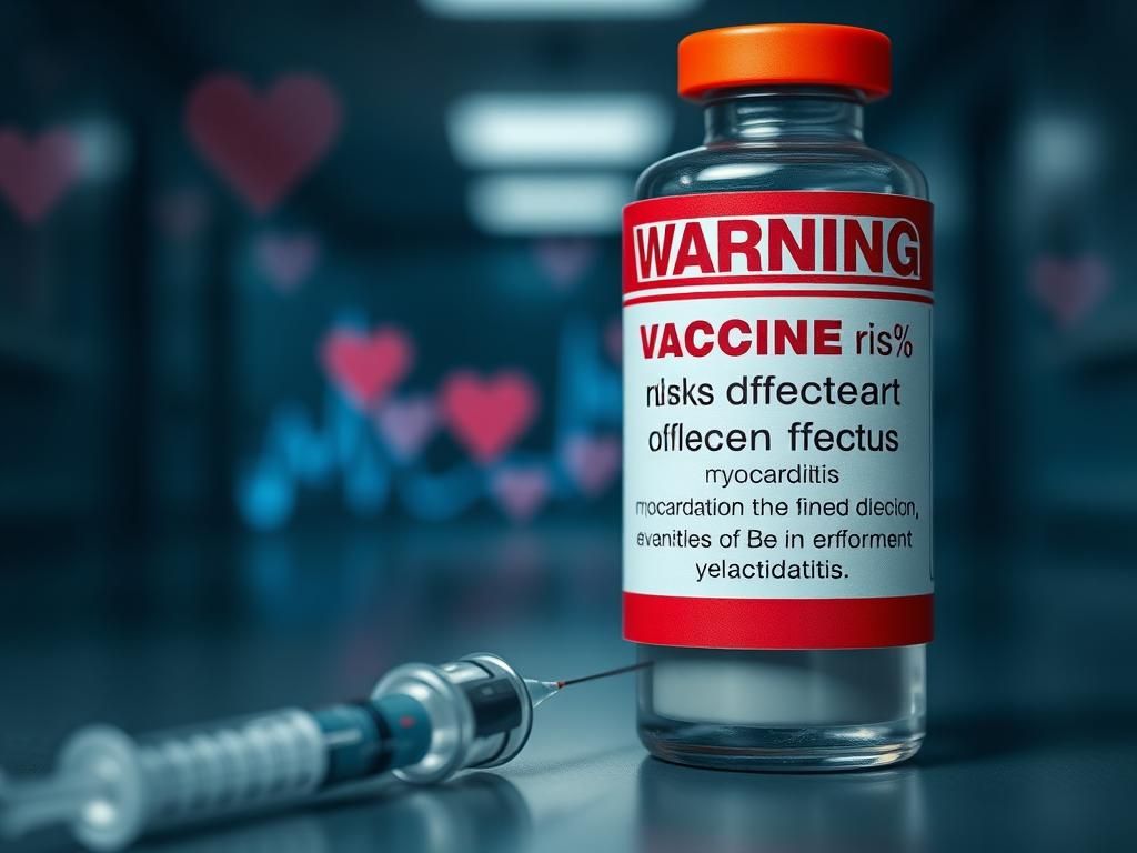 Flick International Close-up view of a medical warning sign about heart inflammation risks from COVID-19 vaccines with blurred vaccine vial in background