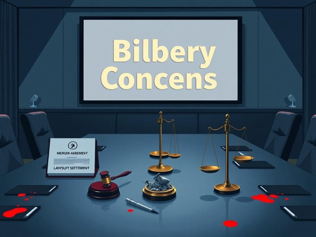 Flick International Corporate boardroom table with glossy folders labeled 'Merger Agreement' and 'Lawsuit Settlement', gavel, and scales of justice