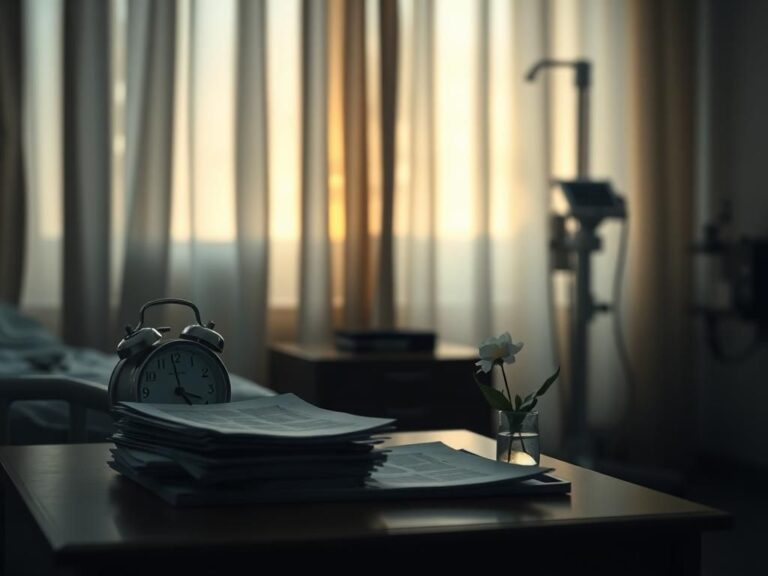 Flick International Somber hospital scene with a bedside table, medical reports, and a flower symbolizing hope