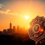 Flick International A police badge glistening in the sunlight, symbolizing law and order with a city skyline in the background.