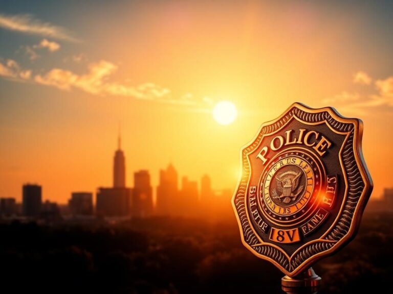 Flick International A police badge glistening in the sunlight, symbolizing law and order with a city skyline in the background.