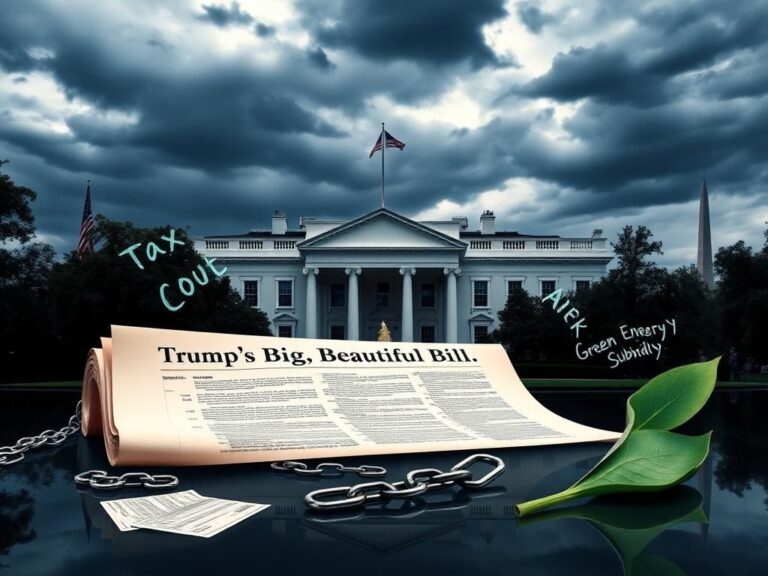 Flick International Exterior view of the White House under a cloudy sky with a symbolic document about Trump's reconciliation bill in the foreground