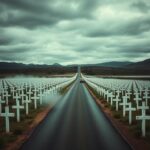 Flick International A somber landscape of a South African rural road lined with wooden crosses representing graves