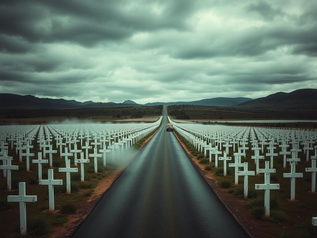 Flick International A somber landscape of a South African rural road lined with wooden crosses representing graves