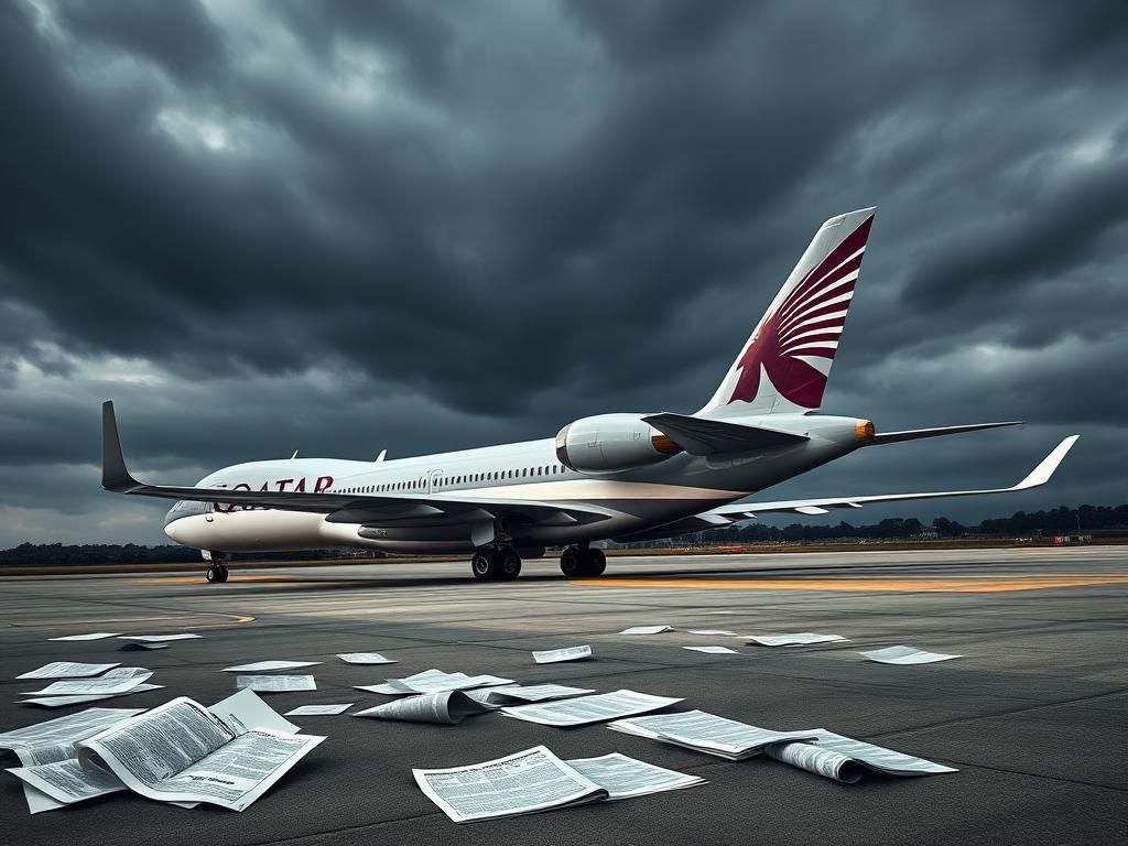 Flick International A sleek, modern jumbo jet on a tarmac symbolizes tension surrounding a Qatari gift to the U.S. government.