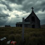Flick International A burned-down Armenian church with charred stone walls against a dark sky