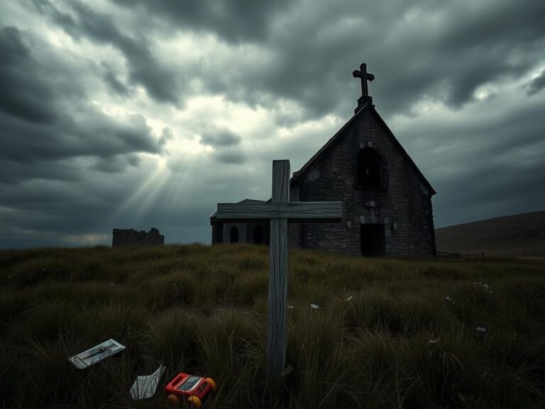 Flick International A burned-down Armenian church with charred stone walls against a dark sky