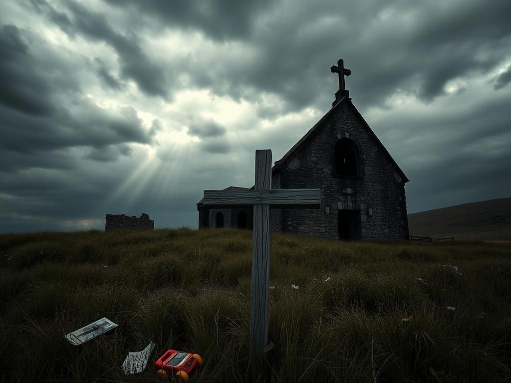 Flick International A burned-down Armenian church with charred stone walls against a dark sky