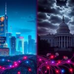 Flick International A futuristic city skyline juxtaposed with a traditional political landscape, illustrating the tension between cryptocurrency advancement and political governance.