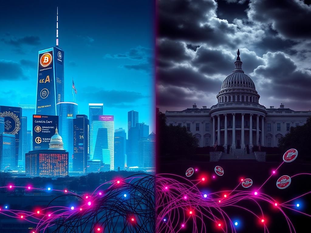 Flick International A futuristic city skyline juxtaposed with a traditional political landscape, illustrating the tension between cryptocurrency advancement and political governance.