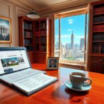 Flick International Elegant office space with wooden desk, laptop, and city skyline view