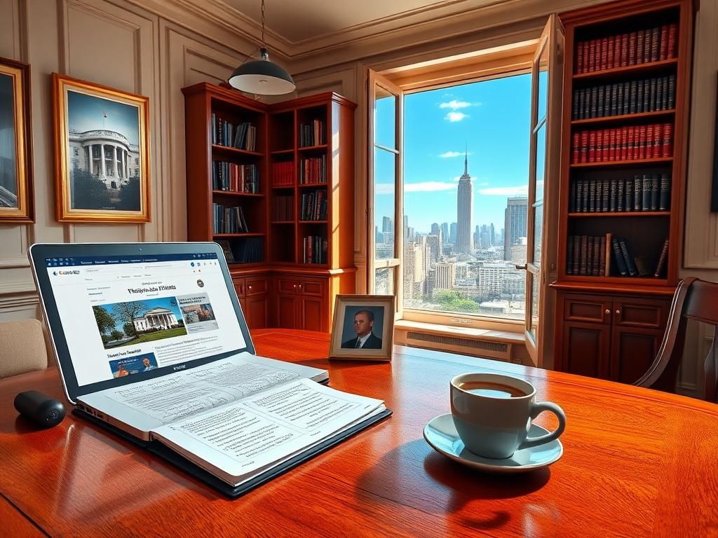 Flick International Elegant office space with wooden desk, laptop, and city skyline view