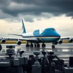 Flick International A Boeing 747 with U.S. presidential livery parked on a military airbase, surrounded by security barriers and guards.