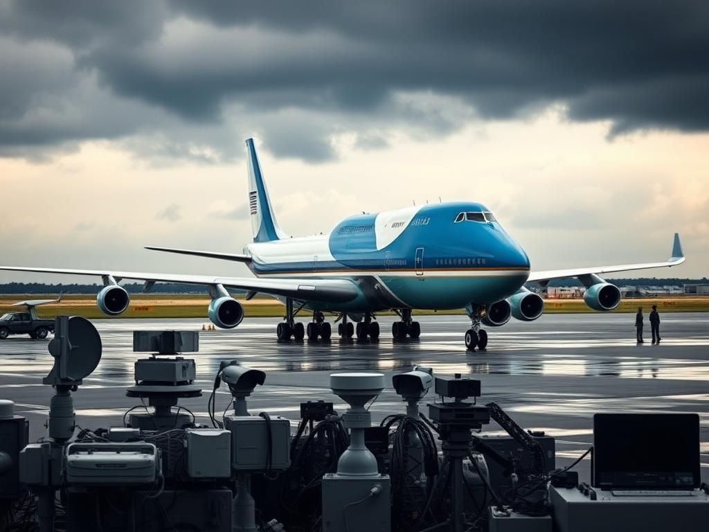 Flick International A Boeing 747 with U.S. presidential livery parked on a military airbase, surrounded by security barriers and guards.