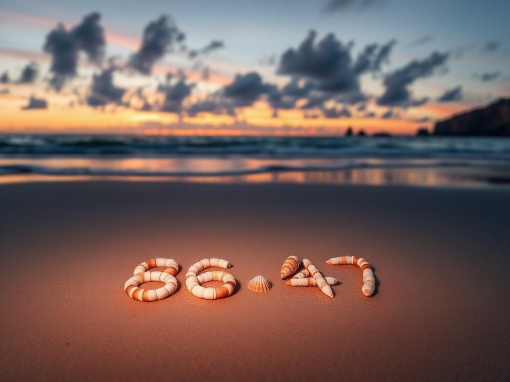 Flick International Serene beach scene at sunset with seashells spelling '86' and '47'