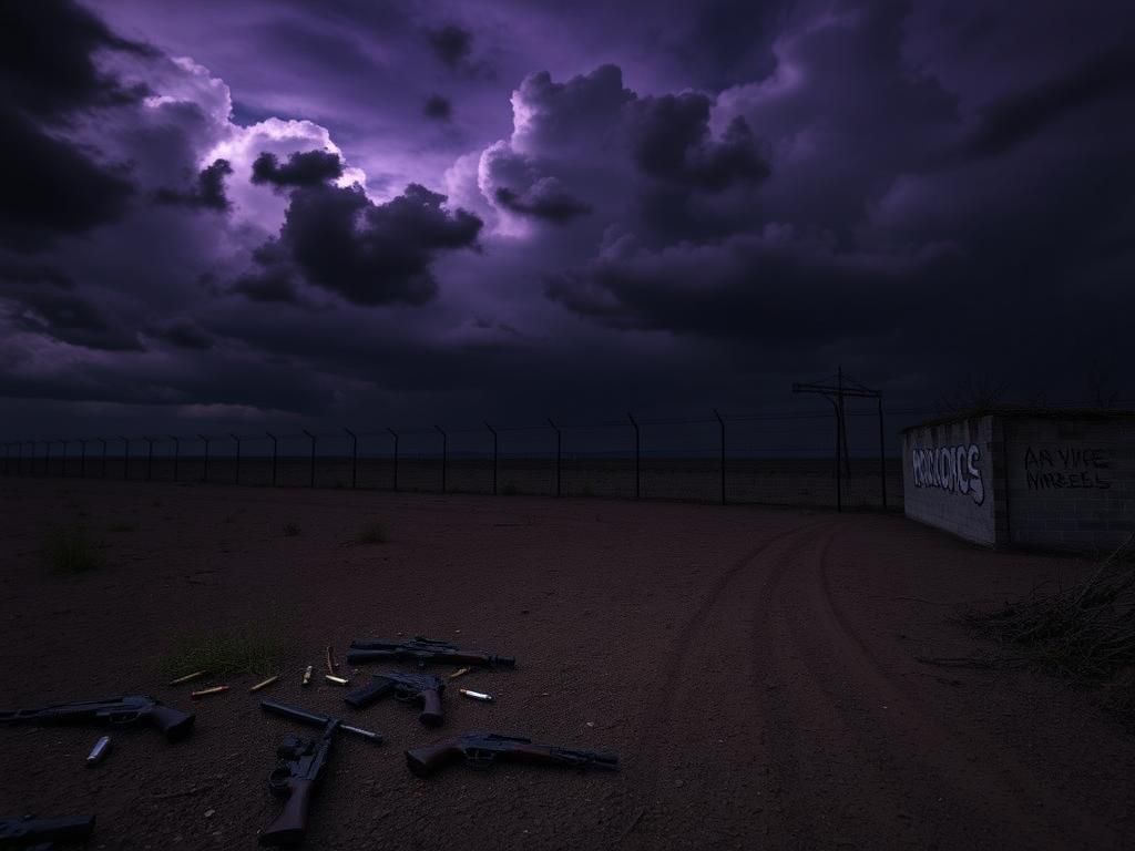 Flick International A dark landscape at the Mexico-U.S. border, showcasing discarded firearms and a barbed-wire fence.