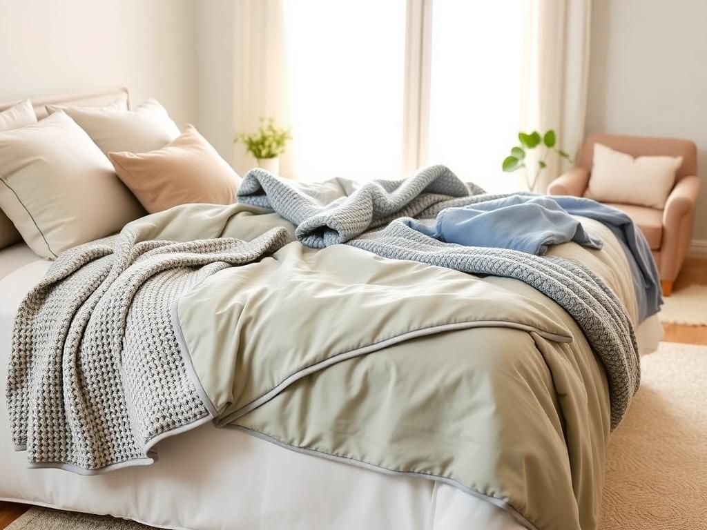 Flick International Serene bedroom scene featuring a beautifully made bed layered with various textured weighted blankets in calming colors.