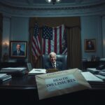 Flick International A dimly lit office resembling the White House with papers and medical reports scattered on a large desk