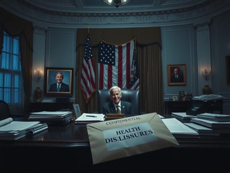 Flick International A dimly lit office resembling the White House with papers and medical reports scattered on a large desk