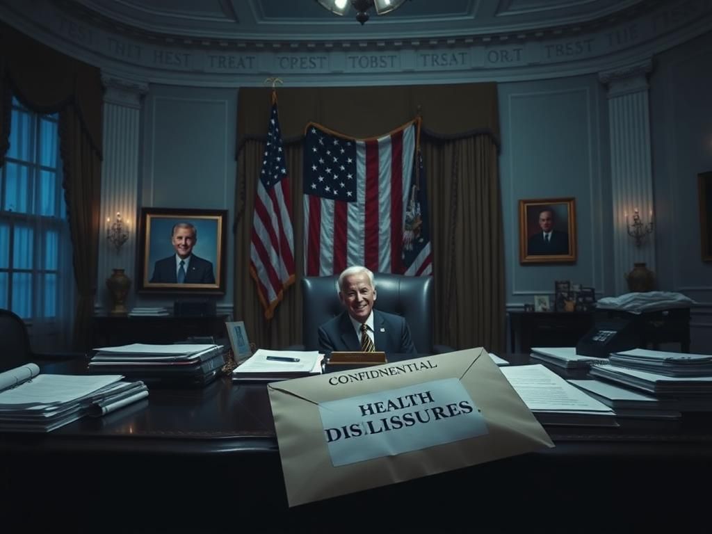 Flick International A dimly lit office resembling the White House with papers and medical reports scattered on a large desk