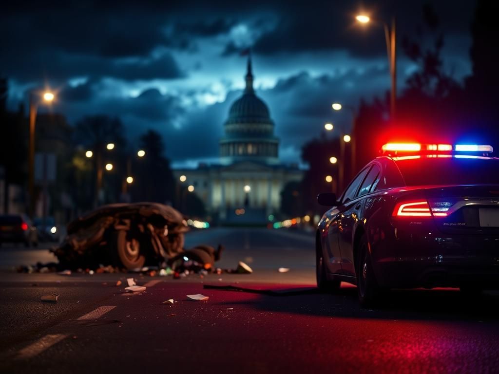 Flick International Dimly lit street scene in Sacramento showing a crumpled car from a collision with debris and shattered glass