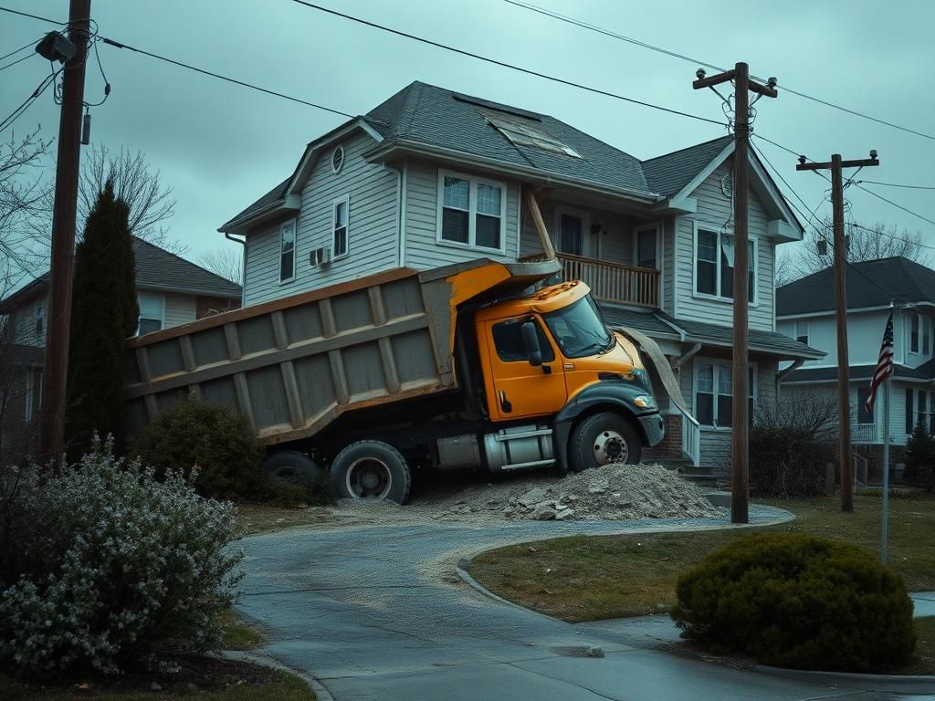 Flick International Dump truck embedded in a New Jersey home after a collision.