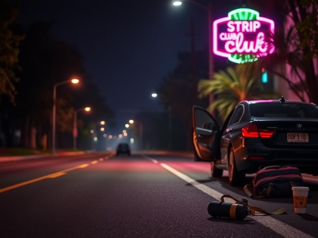 Flick International Nighttime street scene with a neon-lit strip club in the background and a parked car suggesting hurried decisions