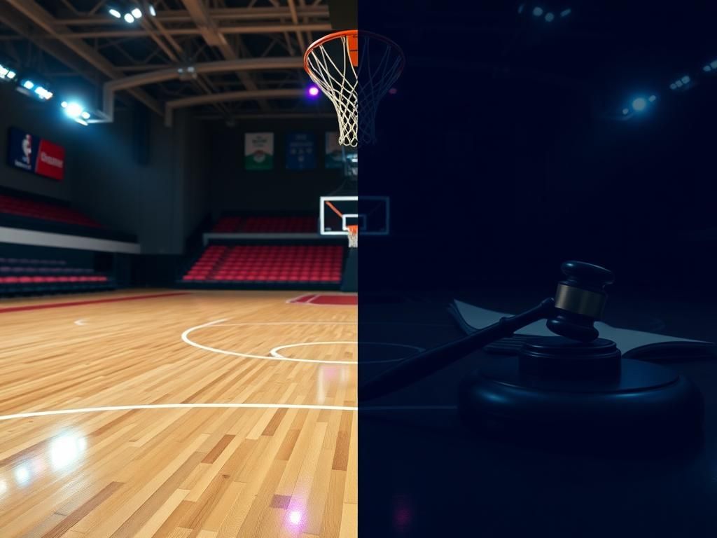 Flick International Split image of a vibrant basketball court and a dark courtroom symbolizing athleticism and legal disputes