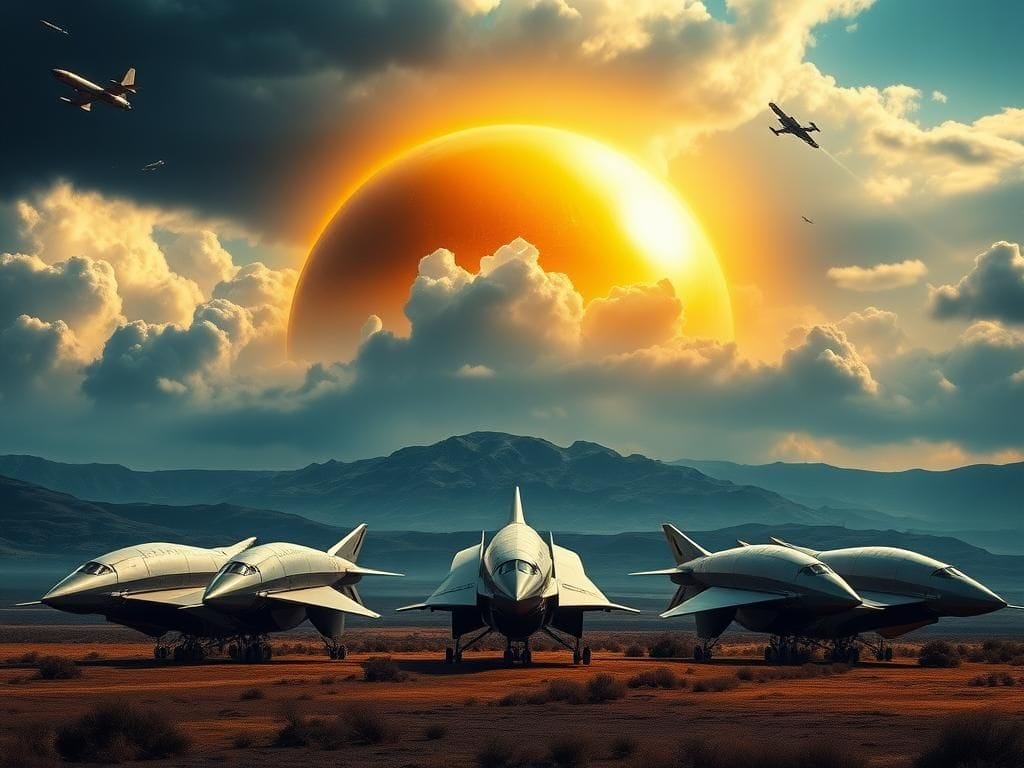 Flick International Futuristic missile defense system called the 'Golden Dome' with sleek interceptors and a shimmering golden dome